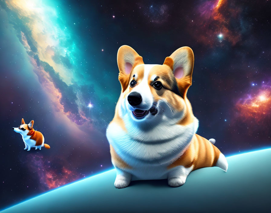 Digital image of Welsh Corgi on cosmic background with stars and nebulae