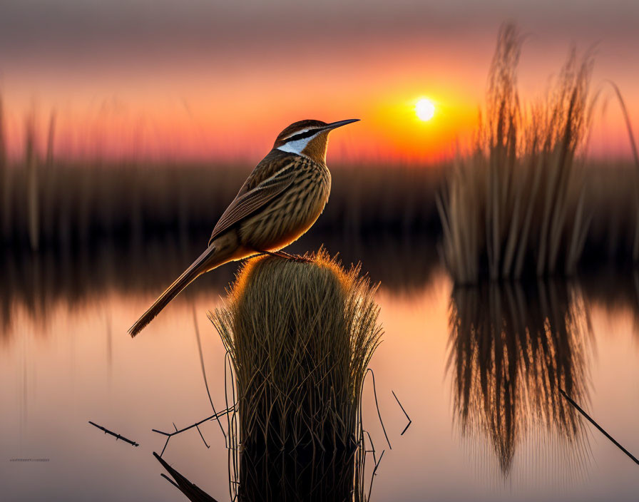 Bird perched on grass silhouette against serene sunset