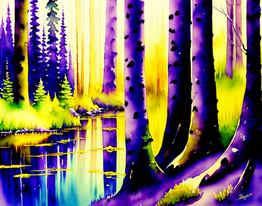 Colorful Watercolor Painting of Forest & Lake