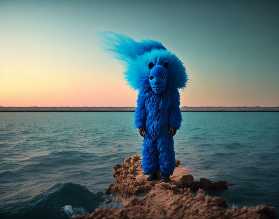 Vibrant Blue Furry Costume Character on Rocky Terrain at Dusk