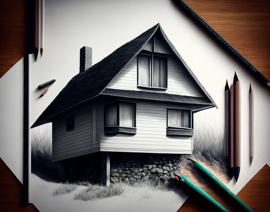 3D house anamorphic drawing on paper with pencils