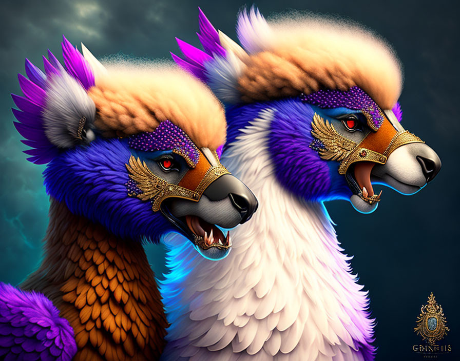 Stylized mythical creatures with golden beaked masks, vibrant feathers, and colorful fur on dark background