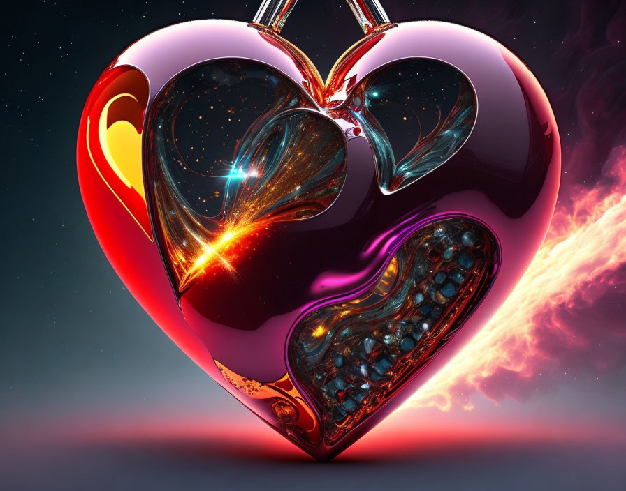 Shiny Metallic Heart with Cosmic Swirl and Fiery Nebula Background