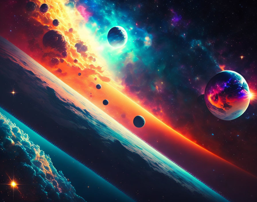 Colorful space scene with nebulae, aligned planets, and shining stars.