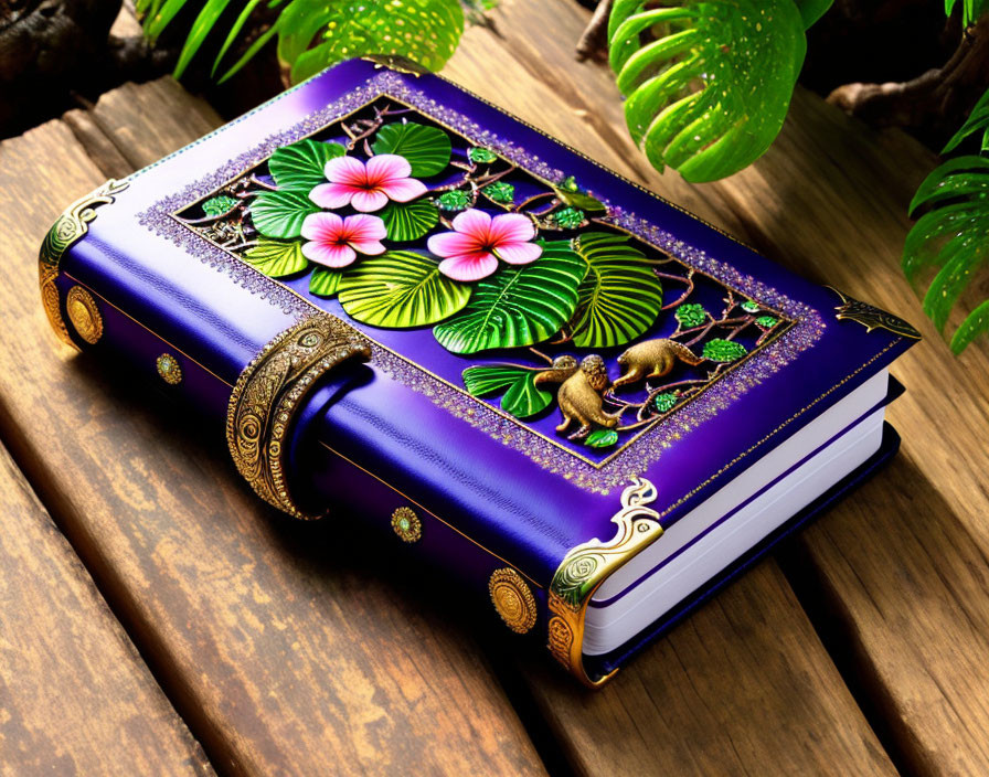 Purple and Gold Ornate Book with Tropical Design on Wooden Surface