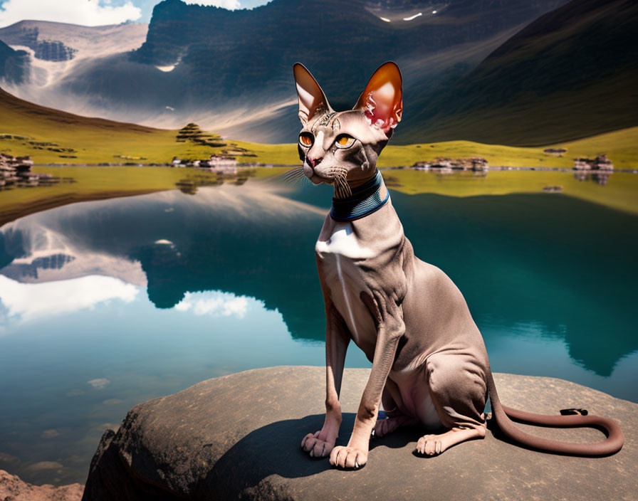 Hairless Sphynx Cat with Blue Collar by Mountain Lake