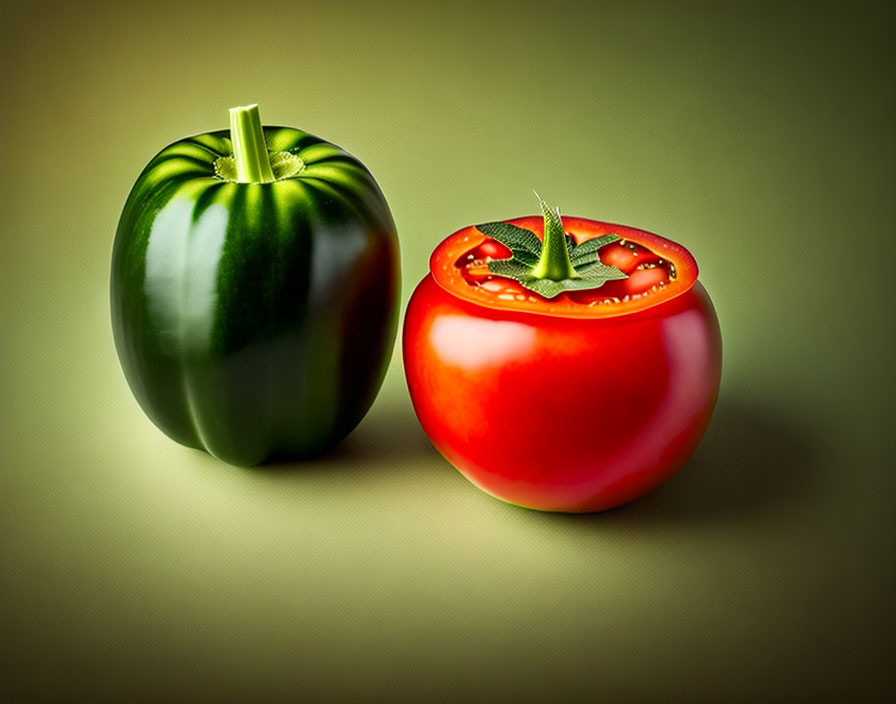 Green Bell Pepper and Red Tomato Mimicry on Beige Background