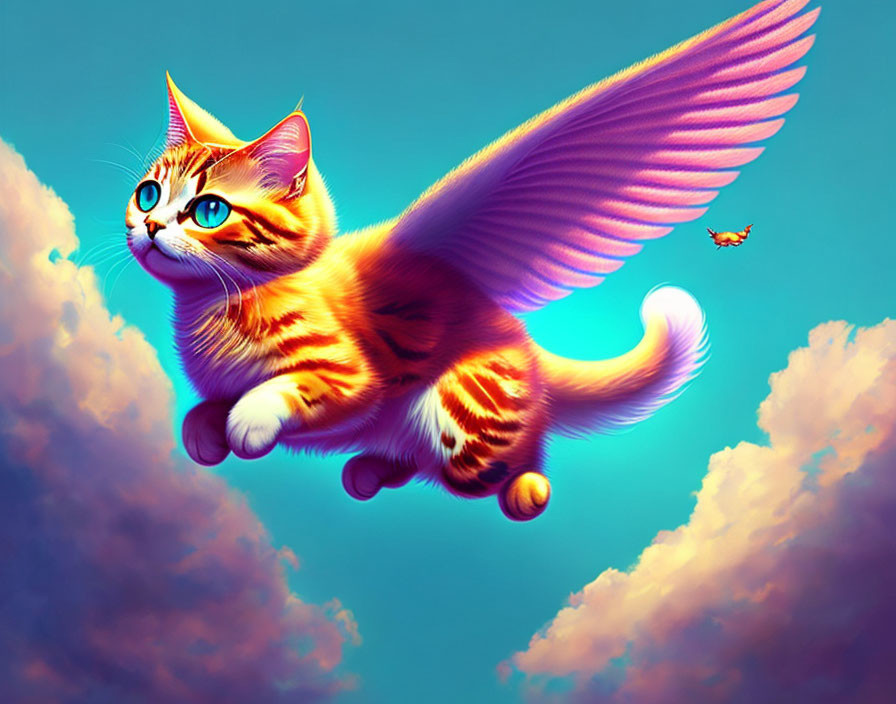 Illustration of orange tabby cat with wings in vibrant blue sky