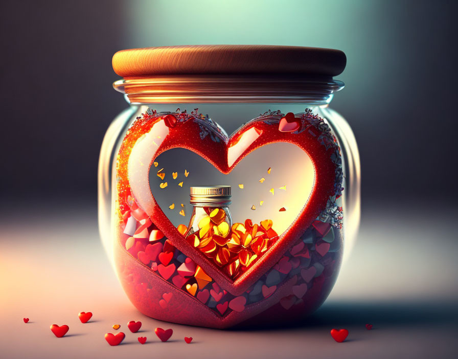 Glass jar with wooden lid filled with small hearts and heart-shaped opening overflowing with hearts.