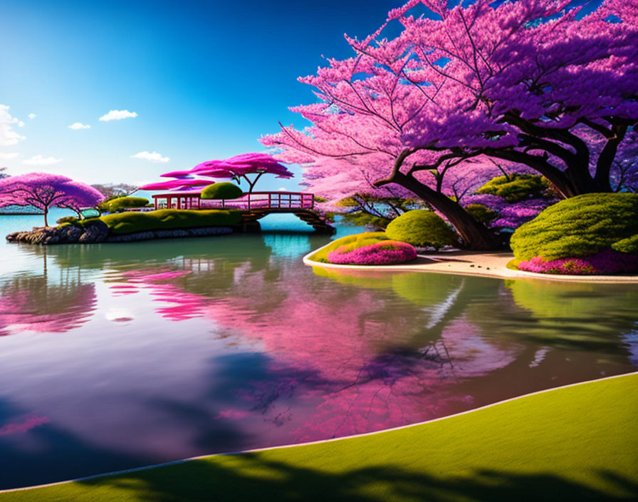 Tranquil landscape with pink cherry blossoms, lake, bridge, and blue skies