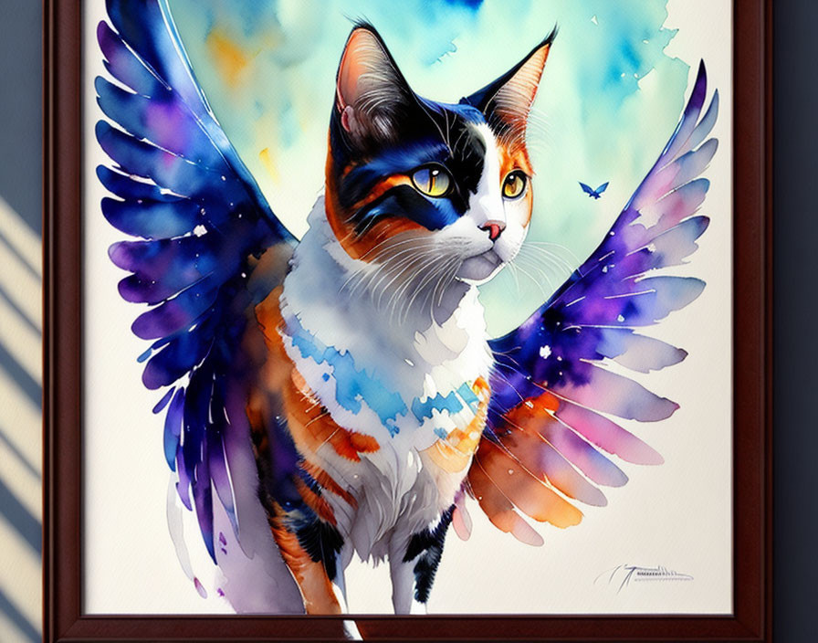 Colorful Winged Cat Watercolor Painting in Frame