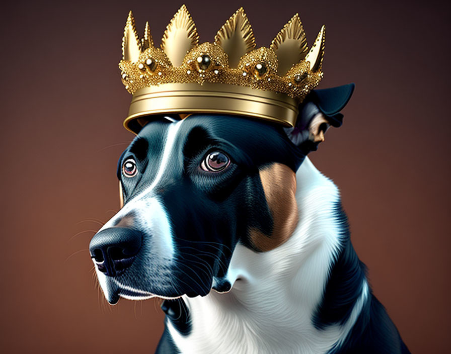 Black and White Dog Wearing Golden Crown on Brown Background