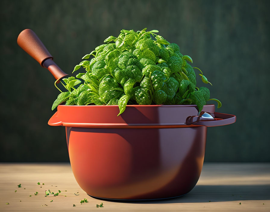 Vibrant green spinach leaves in red saucepan on wooden surface