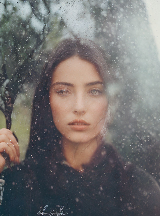 Serene young woman gazes through rain-speckled window