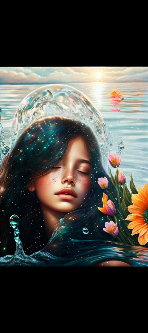 Girl submerged in water with flowing hair and bubble in serene illustration