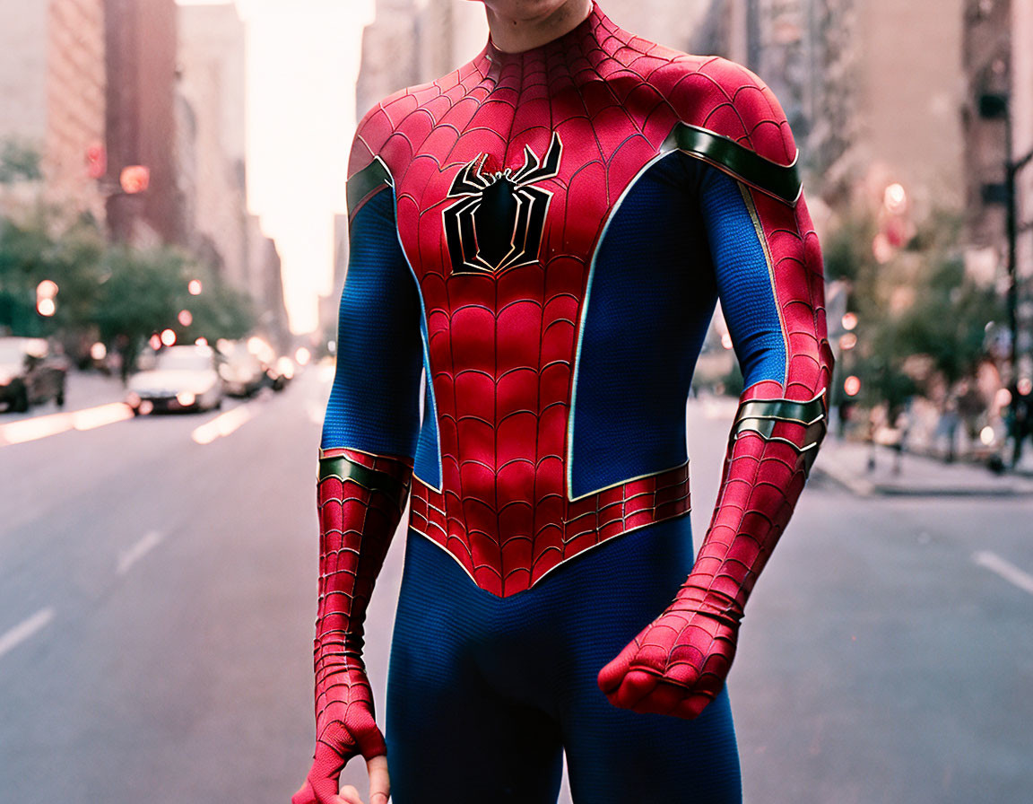 Person in Spider-Man Costume Stands in City Street Scene