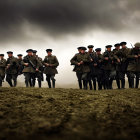 Soldiers in old military uniforms with rifles walking over a hill under a cloudy sky