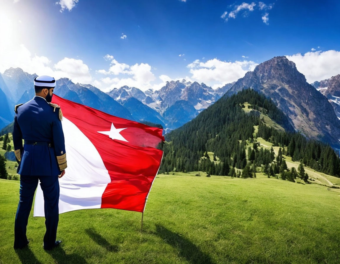 Military individual with Turkish flag in scenic landscape.