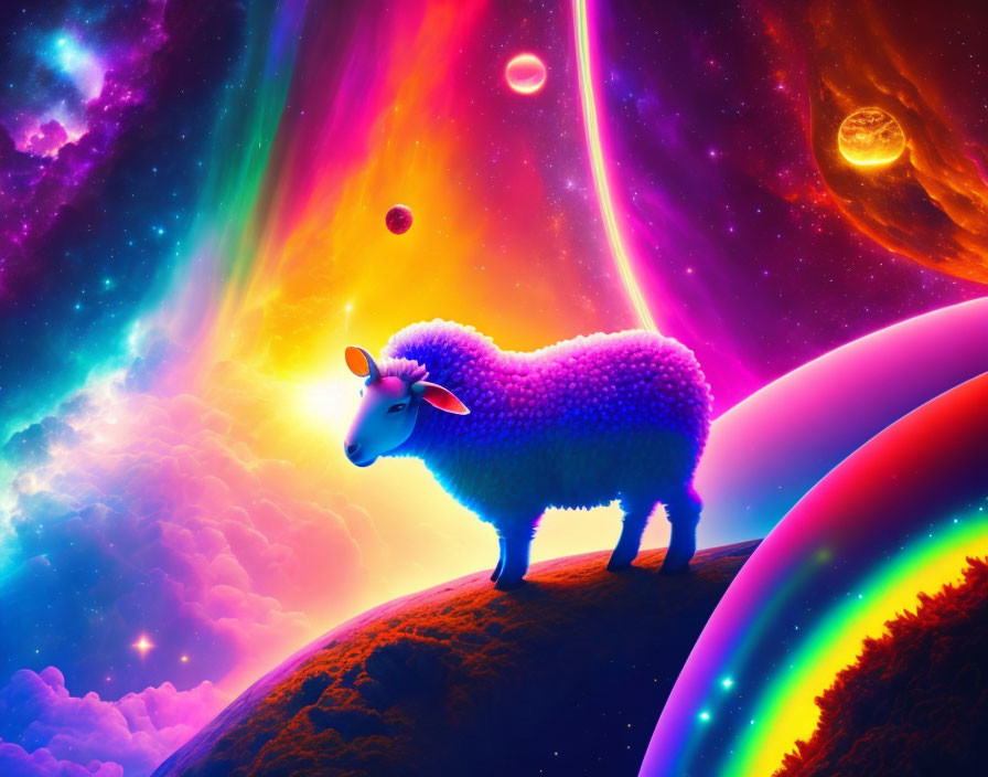 Colorful digital artwork: Fluffy sheep on planet with cosmic background