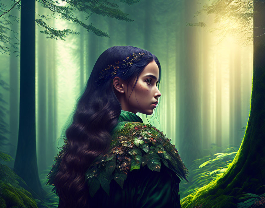 Woman with Golden Crown in Enchanted Forest with Green Cloak