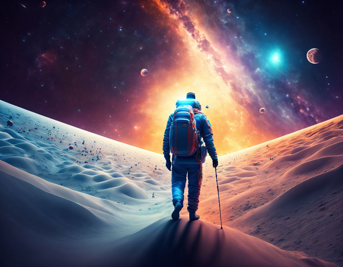 Astronaut exploring alien planet with colorful nebulae and moons in sky