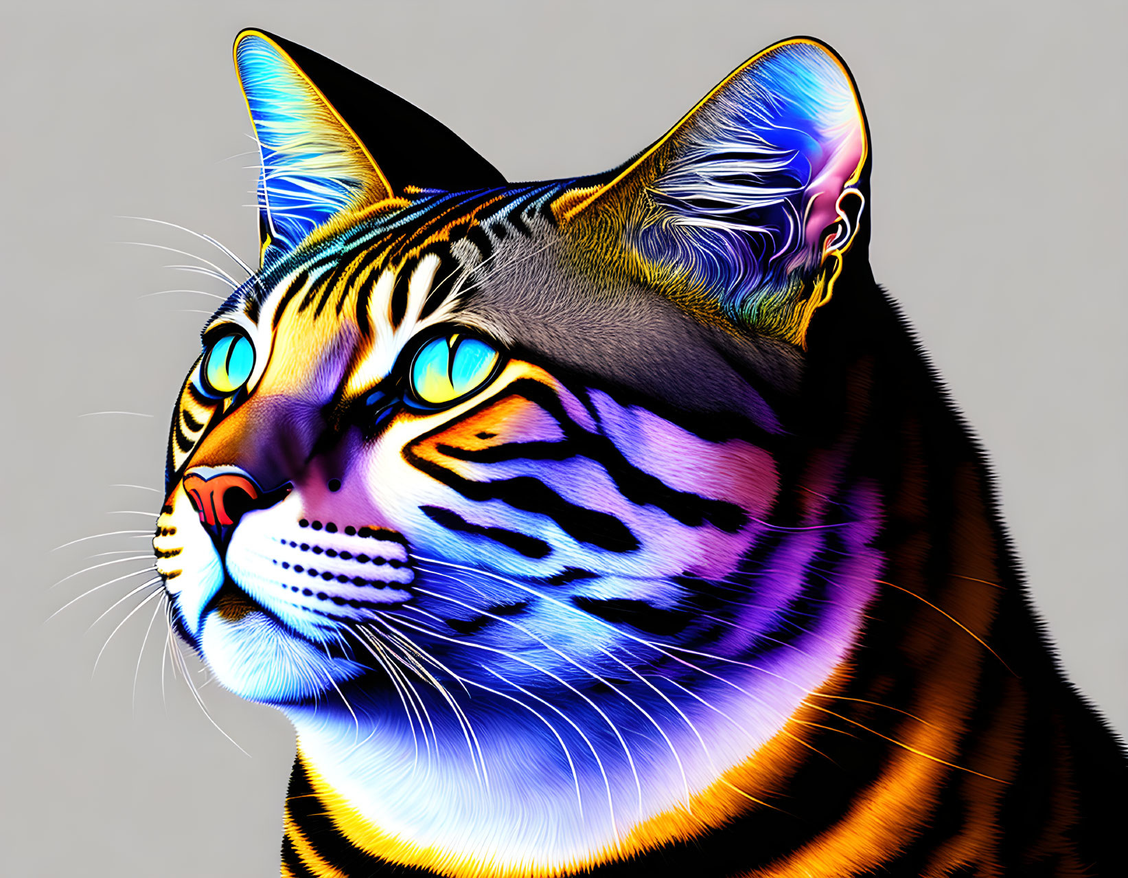 Colorful Digital Art: Neon Outlined Cat with Vibrant Fur Patterns