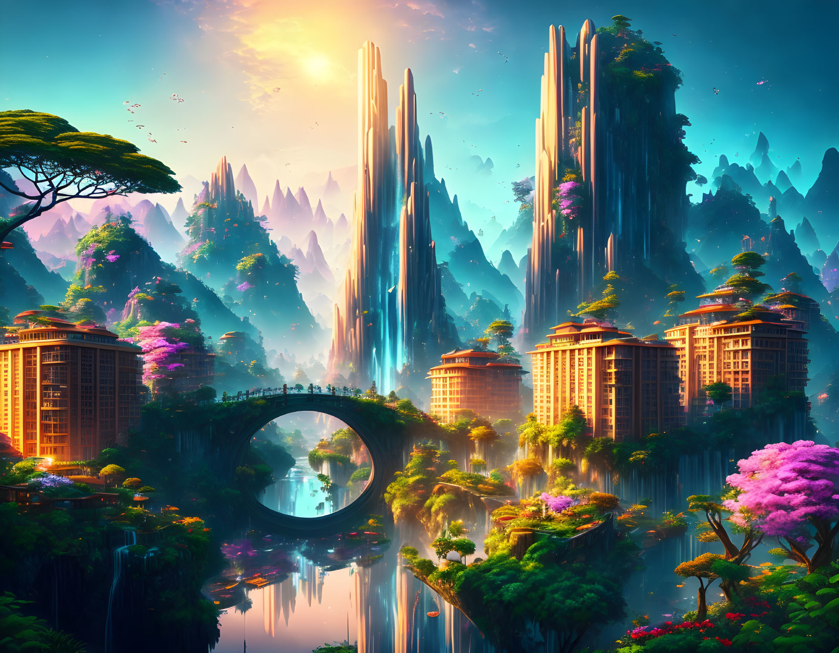 Majestic futuristic landscape with towering rocks, river, and vibrant flora