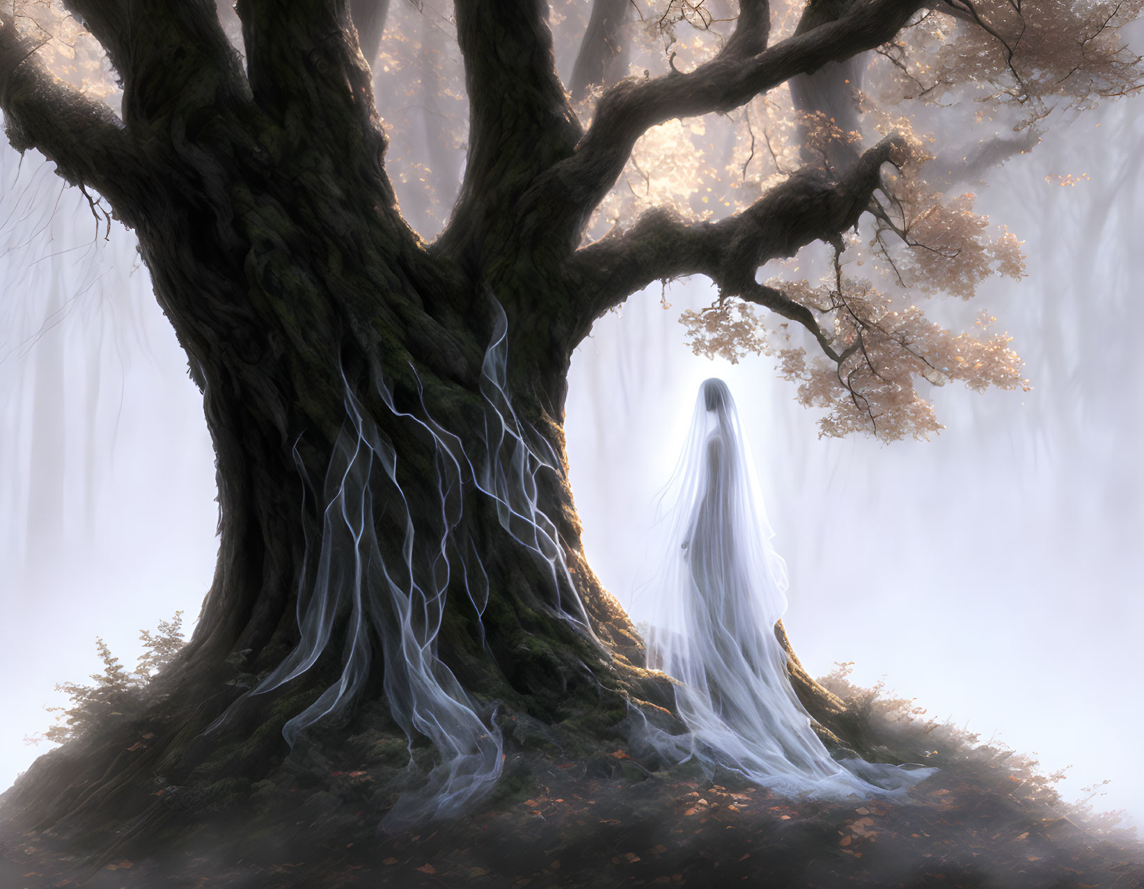 Ethereal Figure in White Under Majestic Tree