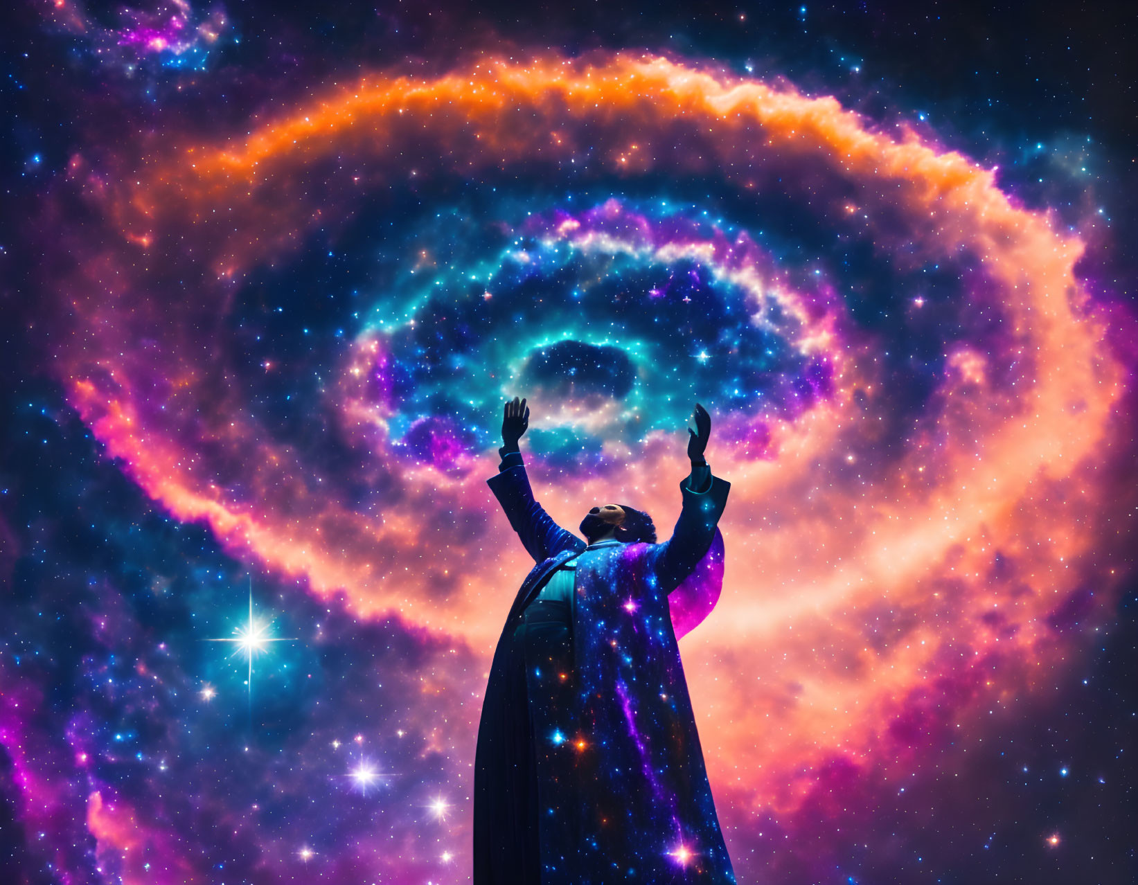 Person in Galaxy-Print Cloak Under Cosmic Night Sky