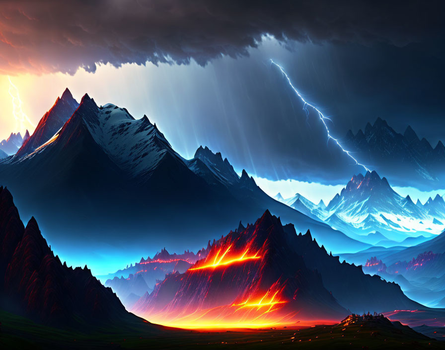 Vivid landscape with mountains, thunderstorm, lightning, and fiery rift