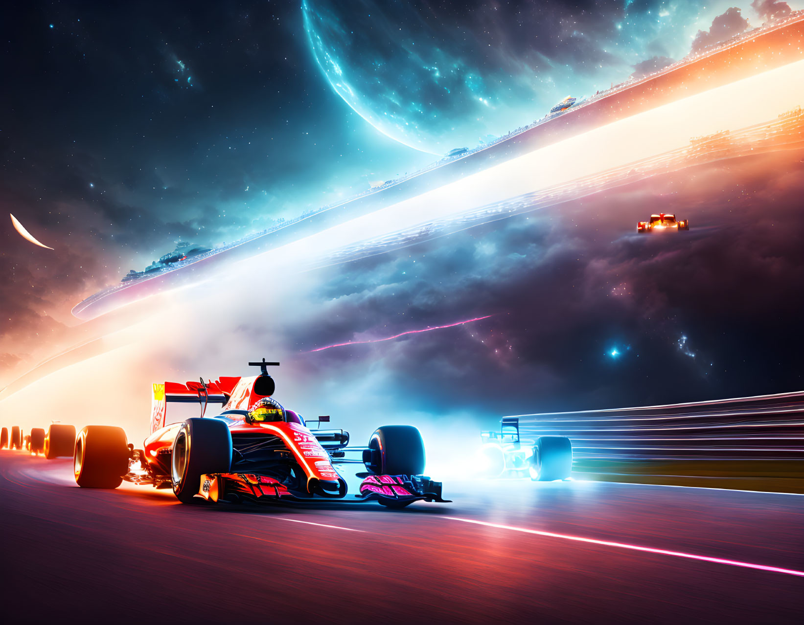 Futuristic formula car racing in vibrant sci-fi scene