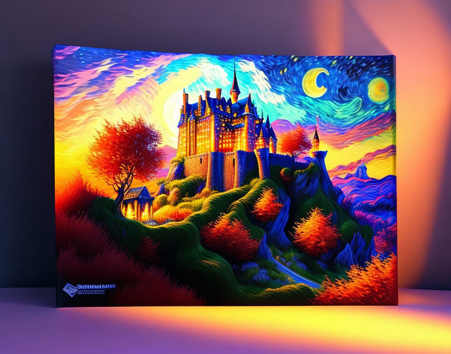 Vibrant castle painting with swirling night sky and autumn landscape