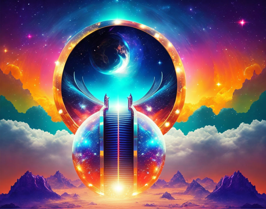 Futuristic landscape with celestial bodies and glowing portal