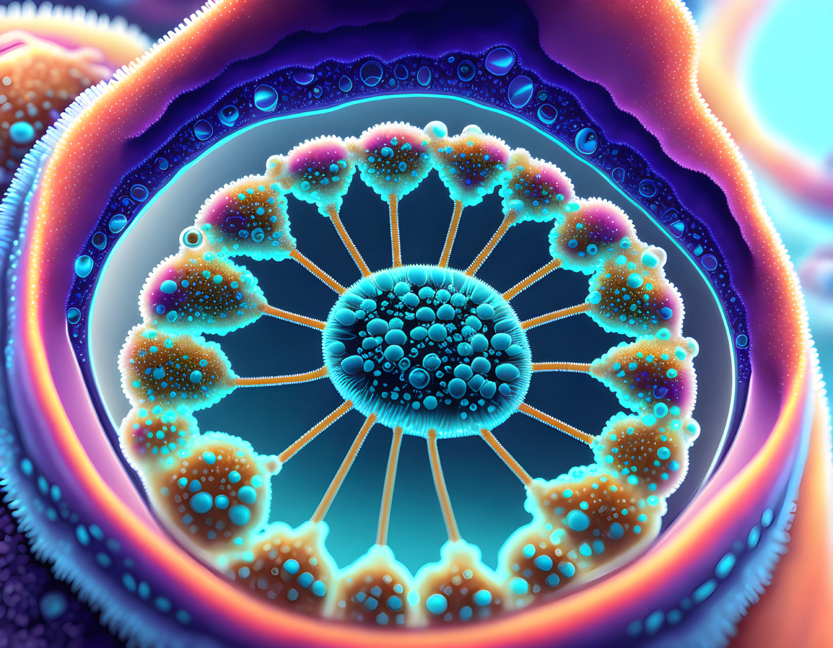 Circular Symmetrical Fractal Pattern with Overlapping Spheres in Blue, Orange, and Purple