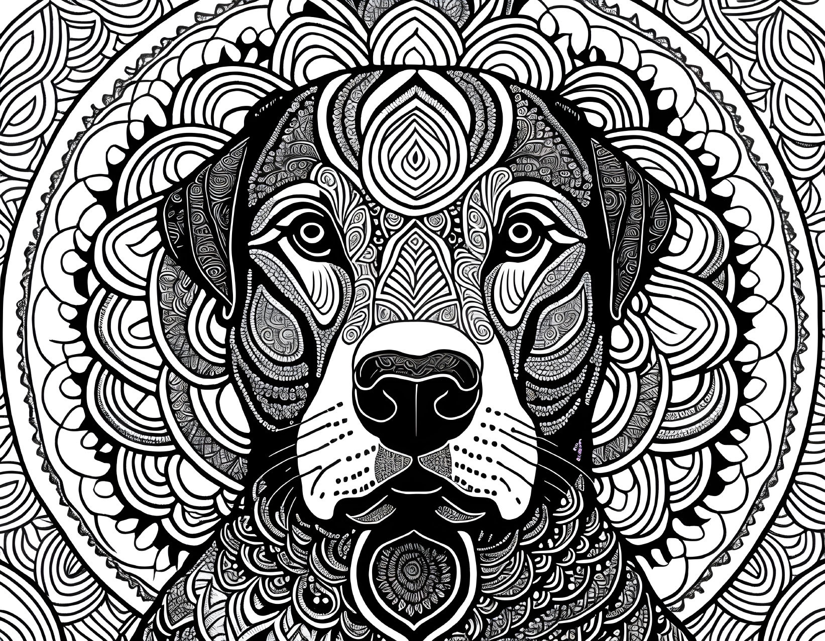 Intricate Black and White Lion Face Mandala Pattern