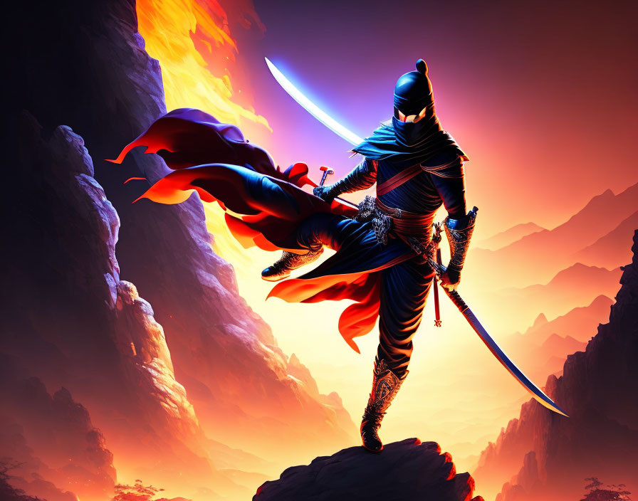 Warrior in Blue and Red Armor with Glowing Sword at Sunset