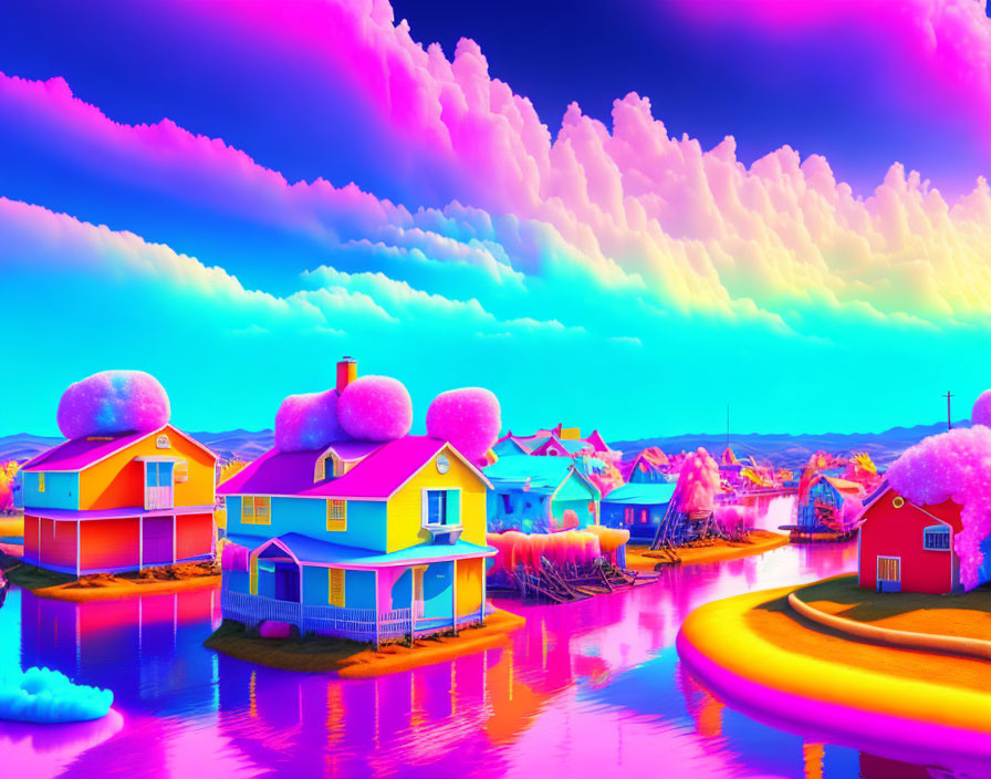 Colorful Landscape with Whimsical Houses by Water under Pink and Blue Sky