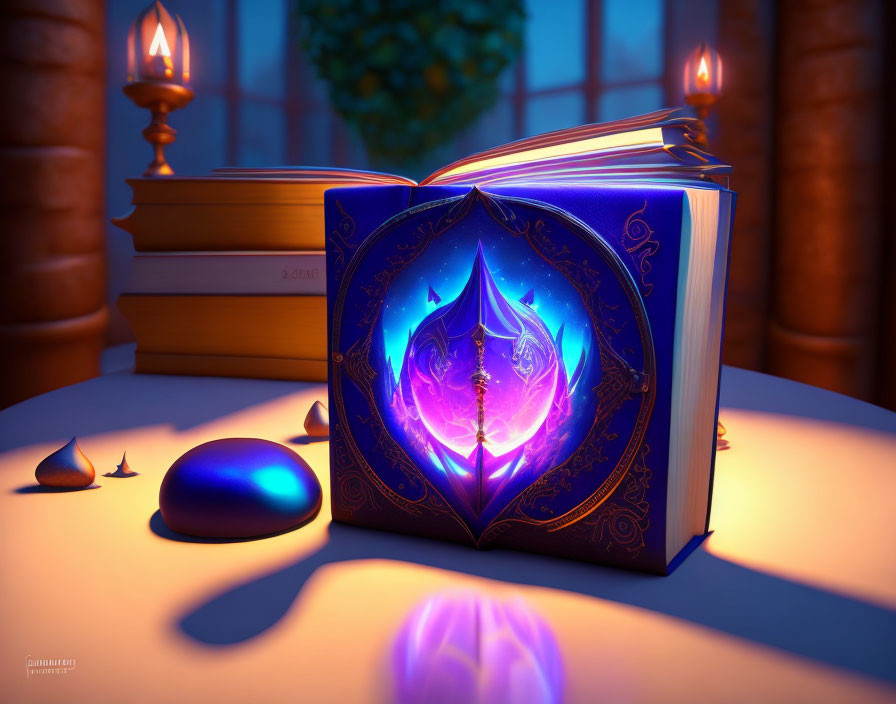 Enchanted book with glowing purple symbol on table surrounded by candles, orbs, and books