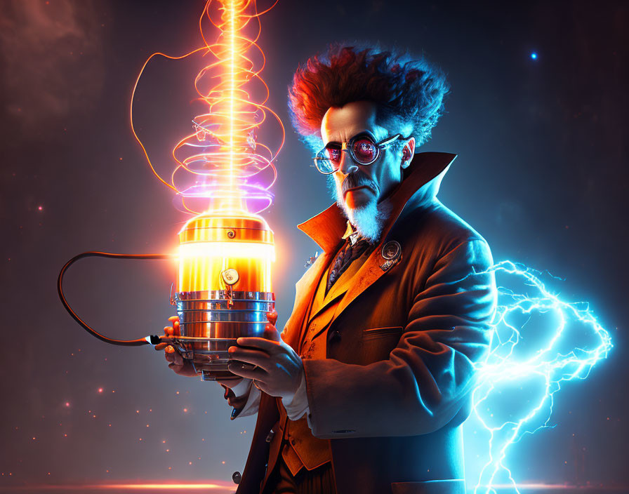 Whimsical scientist with glowing device and electricity arcs against dark background