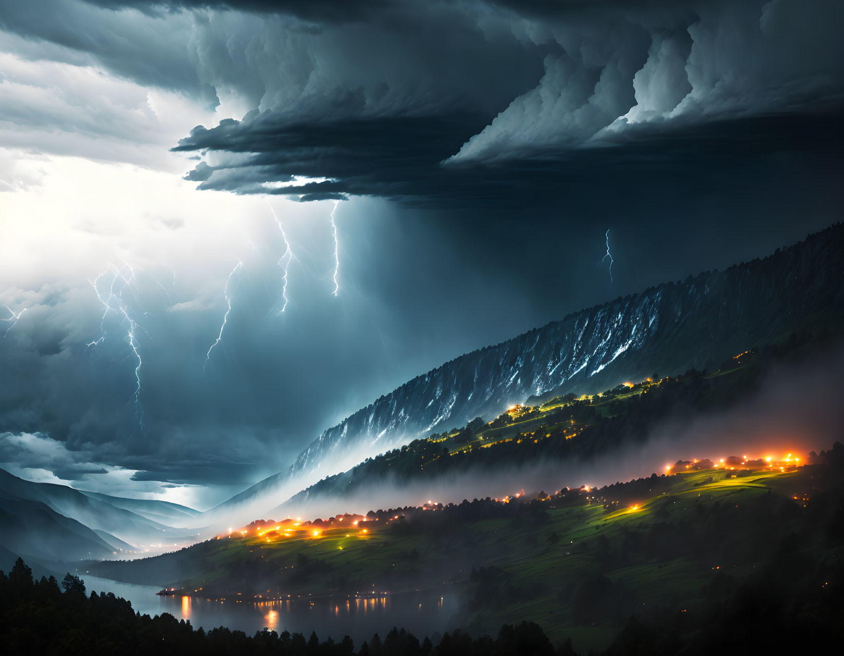 Stormy night scene: lightning strikes over mountainous landscape and lake.