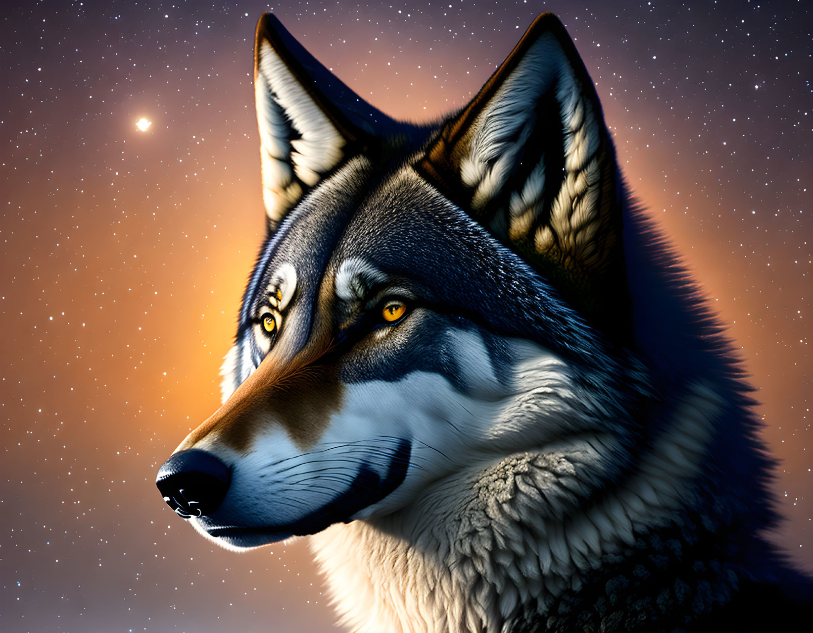 Detailed digital illustration: Wolf's face with intense yellow eyes on starry night sky.