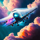 Colorful airplane soaring through dynamic twilight sky among vibrant clouds