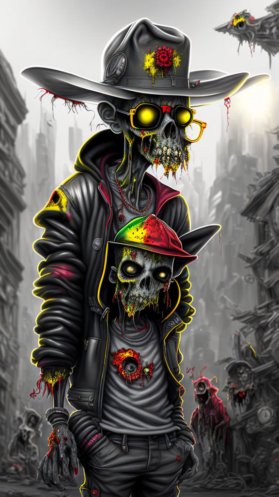 Detailed artwork of skeletal figure in black jacket and rasta hat among dystopian setting