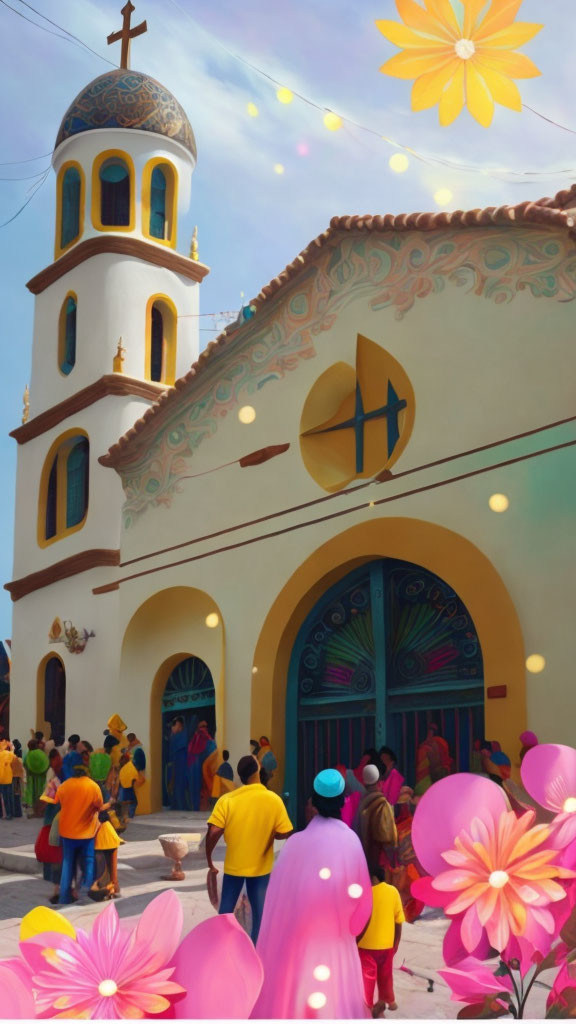 Vibrant illustration of people in yellow garb approaching church