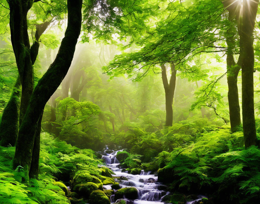 Tranquil forest scene with sunlight, stream, and mist