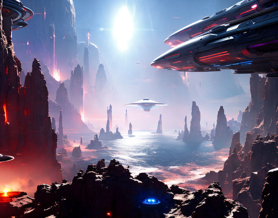 Futuristic sci-fi landscape with spaceships over rocky alien terrain