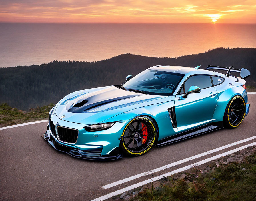 Custom Blue and Yellow Accented Sports Car on Coastal Road at Sunset