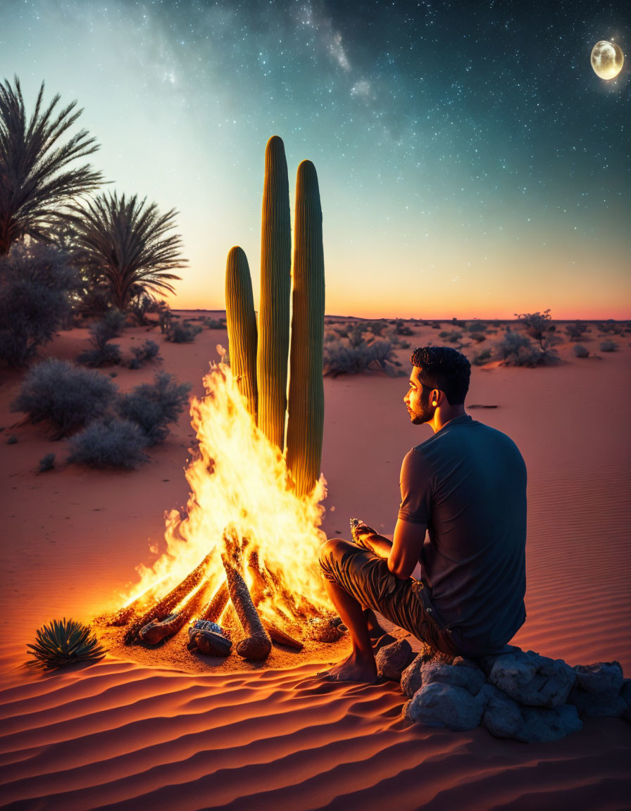 Man sitting by campfire in desert twilight with cacti and starry sky