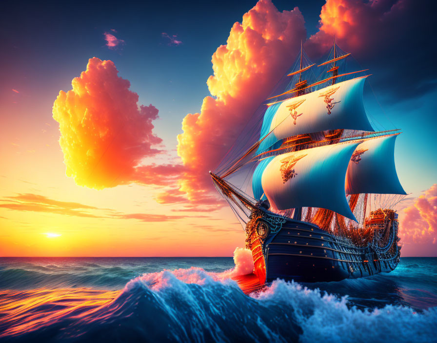 Majestic sailing ship with blue sails on high seas at sunset