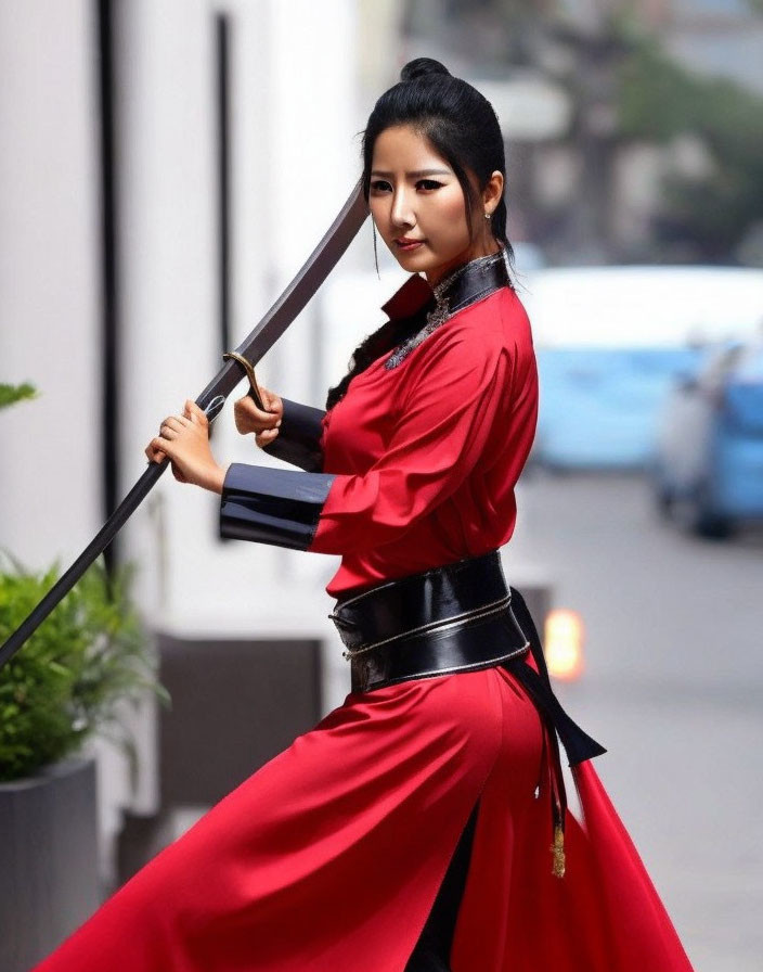 Woman in Red Dress with Sword Poses on City Street